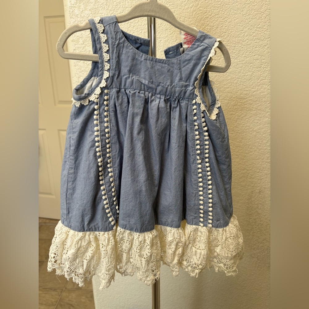 Blue and White Lace Trim Kids Dress